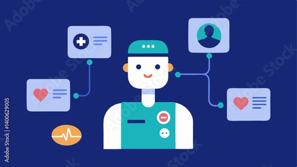 Fototapeta Health Monitoring An image showing a patient linking wearable health technology to a chatbot for realtime health monitoring with graphs displayed on the chatbot screen.