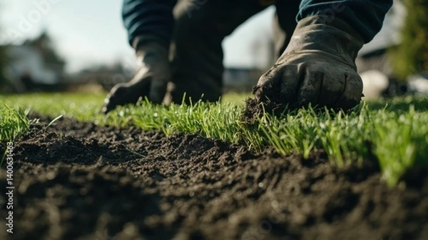 Obraz Landscaper laying sod in a newly developed residential area. Featuring growth and transformation