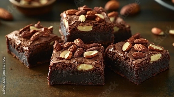 Obraz Fudgy brownies topped with almond chunks and a rich chocolate drizzle