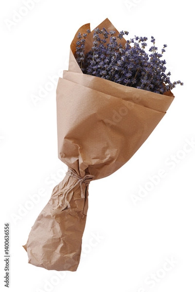 Obraz Big bright lilac lavender bouquet isolated on transparent background. Simple floral arrangement PNG. Cute scented flowers bunch kraft paper wrapped. Cut out photo for medicine, syrup, skincare package