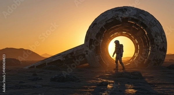 Fototapeta Sunset Over Alien Landscape with Crashed Spaceship - Astronaut explores a mysterious, crashed spacecraft on an alien planet at sunset. Symbolizing exploration, discovery, solitude, mystery