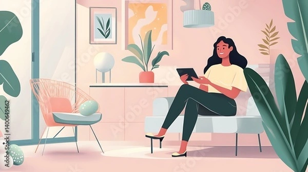 Fototapeta A dynamic female startup founder holds a remote while discussing quarterly growth, pastel Easter decor adding a delicate seasonal charm to the office setting