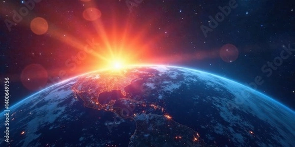 Fototapeta Fiery sunrise paints Earth's curve, deep blues dominate, cosmic, illumination, marvelous