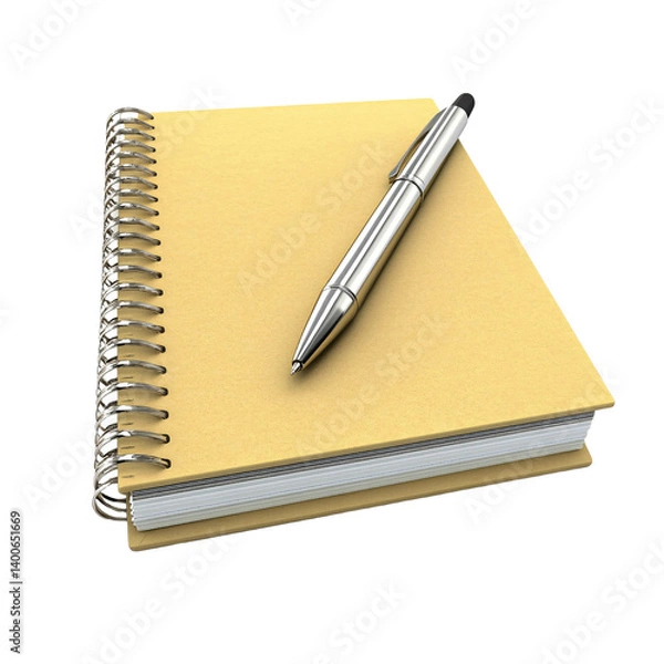 Fototapeta Closeup of a spiral notebook with a tan cover and a silver pen on a transparent background Concept of writing, notetaking, and office supplies