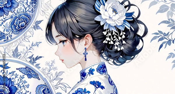 Obraz Chinoiserie Girl Illustration – Exquisite portrait showcasing intricate blue-white stylings featuring delicate floral decor, mysterious expression, masterful artistry, sophisticated design.