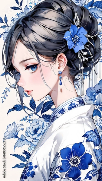 Obraz Chinoiserie Girl Illustration – Exquisite portrait showcasing intricate blue-white stylings featuring delicate floral decor, mysterious expression, masterful artistry, sophisticated design.