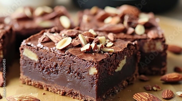 Fototapeta Rich, fudgy brownies topped with slivered almonds for extra crunch and texture 