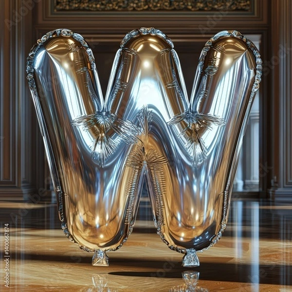 Fototapeta Shiny Silver Balloon Letter W in Elegantly Decorated Room