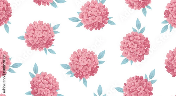 Obraz Floral Fantasy: Delicate Pink Hydrangea Blossoms Pattern on White Background - Watercolor Flowers, Elegant Print, Botanical Design