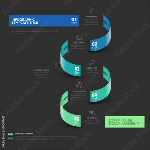 Fototapeta A vibrant ribbon infographic with five steps and icons, featuring blue to green segments on dark background with descriptive text for each phase. Designed for process visualization.