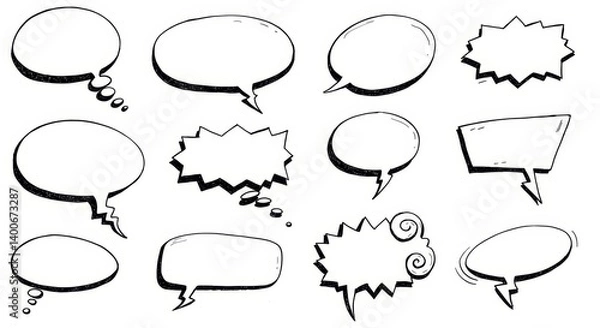 Fototapeta Diverse Hand-Drawn Speech Bubbles for Communication - A collection of unique hand-drawn speech bubbles perfect for adding visual interest and facilitating communication in illustrations and designs. S