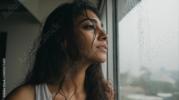 Obraz Young Indian woman in minimal makeup, wet hair, monsoon vibes, standing near a window watching the rain