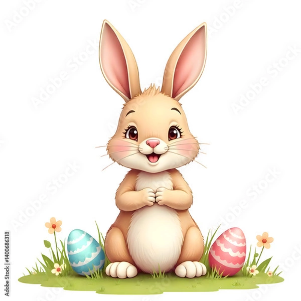 Fototapeta A cute cartoon Easter bunny with soft fur, big sparkling eyes, and a cheerful smile, sitting on grass surrounded by colorful decorated eggs. Transparent background. 