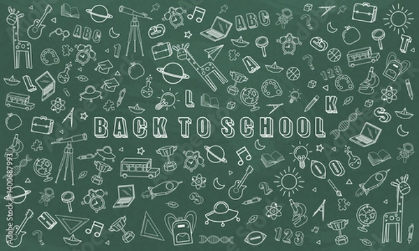 Fototapeta Concept of education School background chalkboard with different stuff. Welcome back to school design vector.