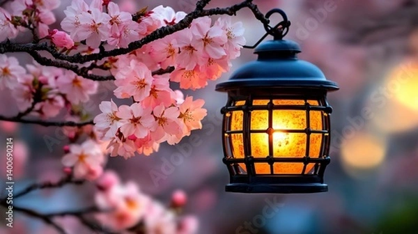 Fototapeta Rustic Lantern Amid Cherry Blossoms During Warm Sunset