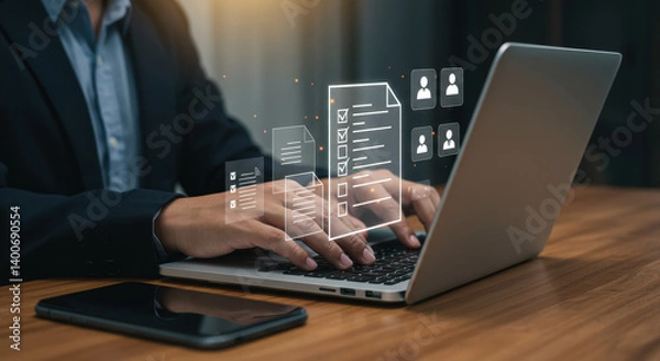 Fototapeta Streamline Workflow: Man Managing Digital Documents & HR Tasks on Laptop. Boost Productivity, Efficiency & Online Processes Today!