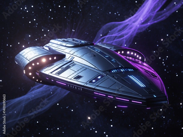 Fototapeta View of futuristic spaceship flying in the space.