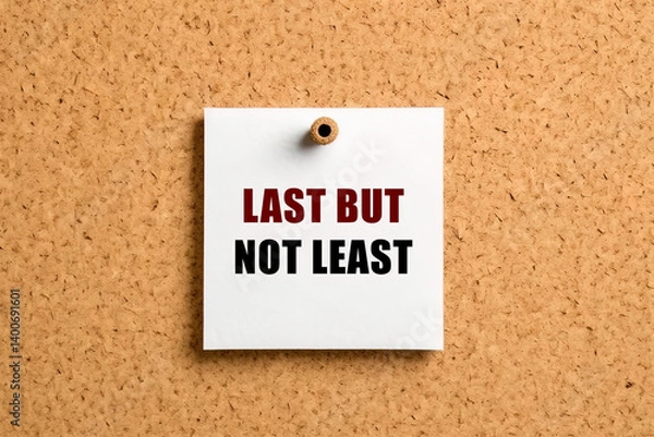 Fototapeta Last but not least text on post-it paper pinned on the bulletin cork board