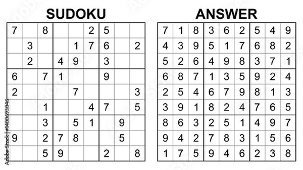 Fototapeta Vector sudoku with answer 25. Educational game with numbers for kids and leisure for adult on white background.