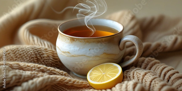 Fototapeta Steaming Cup of Tea on Cozy Knitted Blanket with Fresh Lemon Slice