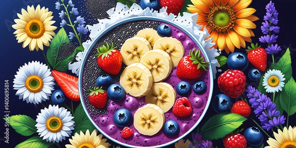 Fototapeta Vibrant Smoothie Bowl with Banana Slices Strawberries Blueberries and Colorful Flowers