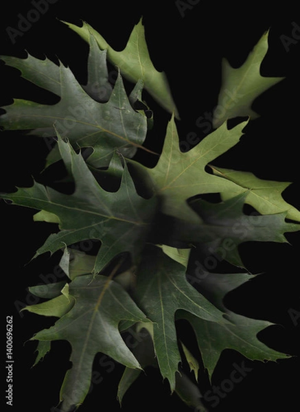 Fototapeta Plane tree branch scan background. Scanned green leaves bouquet. Glitchy abstract distorted plant. Colourful botanical photocopy with scanner noise effect.