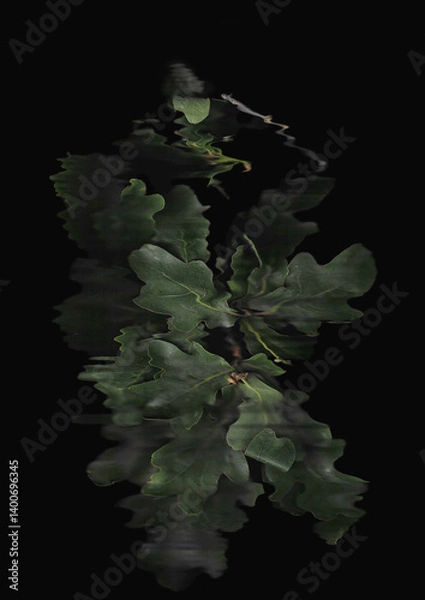 Fototapeta Oak branch scan background. Scanned green tree leaves bouquet. Glitchy abstract distorted plant. Colourful botanical photocopy with scanner noise effect.