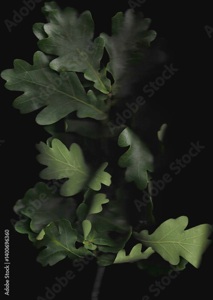 Fototapeta Oak branch scan background. Scanned green tree leaves bouquet. Glitchy abstract distorted plant. Colourful botanical photocopy with scanner noise effect.