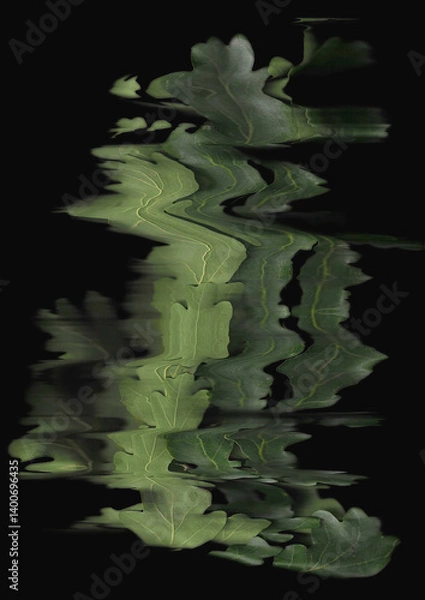 Fototapeta Oak branch scan background. Scanned green tree leaves bouquet. Glitchy abstract distorted plant. Colourful botanical photocopy with scanner noise effect.