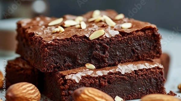 Obraz Fudgy brownies with a swirl of chocolate and roasted almond pieces on top 
