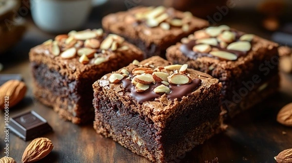 Obraz Fudgy brownies with a swirl of chocolate and roasted almond pieces on top 