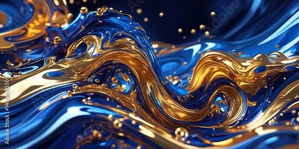 Fototapeta Vibrant Abstract Waves of Blue and Gold with Sparkling Droplets and Fluid Texture