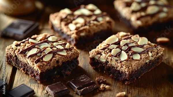 Obraz Fudgy brownies with a swirl of chocolate and roasted almond pieces on top 