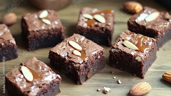 Obraz Rich and fudgy brownies with slivers of almond and a drizzle of caramel sauce 