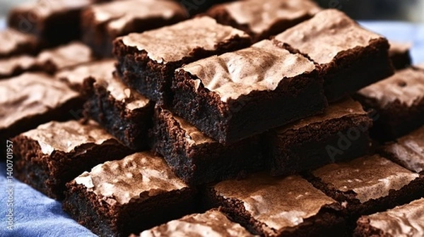 Obraz Rich and fudgy brownies with slivers of almond and a drizzle of caramel sauce 