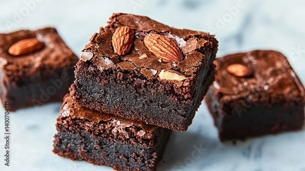 Obraz Rich and fudgy brownies with slivers of almond and a drizzle of caramel sauce 