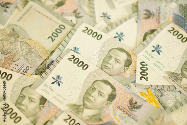 Fototapeta A stack of two thousand rupiah banknotes, Indonesian money. suitable for background, finance, banking, cash, savings.