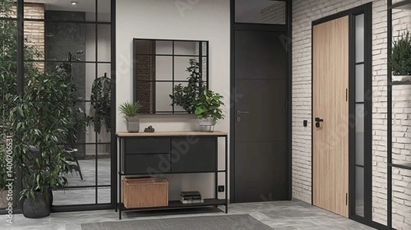 Fototapeta Modern Minimalist Entryway with Sleek Console Table and Stylish Décor Elements