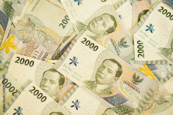 Fototapeta A stack of two thousand rupiah banknotes, Indonesian money. suitable for background, finance, banking, cash, savings.