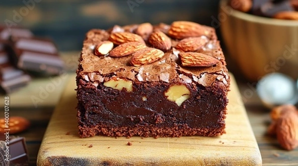 Obraz Rich and fudgy brownies with slivers of almond and a drizzle of caramel sauce 