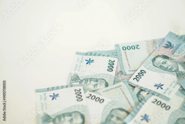 Fototapeta A stack of two thousand rupiah banknotes with negative space, Indonesian money. suitable for background, finance, banking, cash, savings.