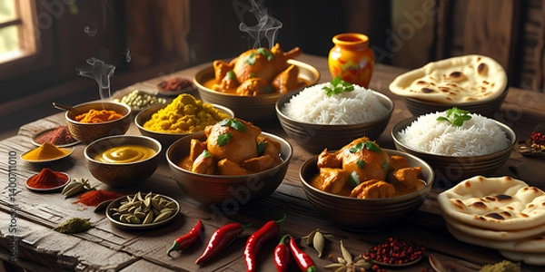 Fototapeta Array of Indian Dishes with Chicken Curry Rice Naan and Spices on Rustic Wooden Table