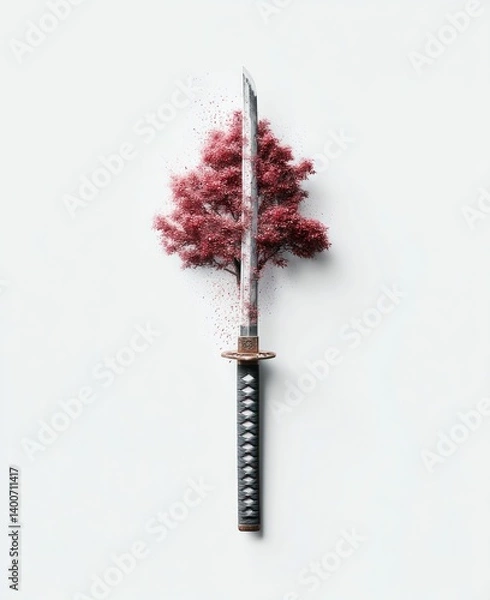 Obraz A sharp katana slices through a vibrant tree, a unique composition on a clean white background.