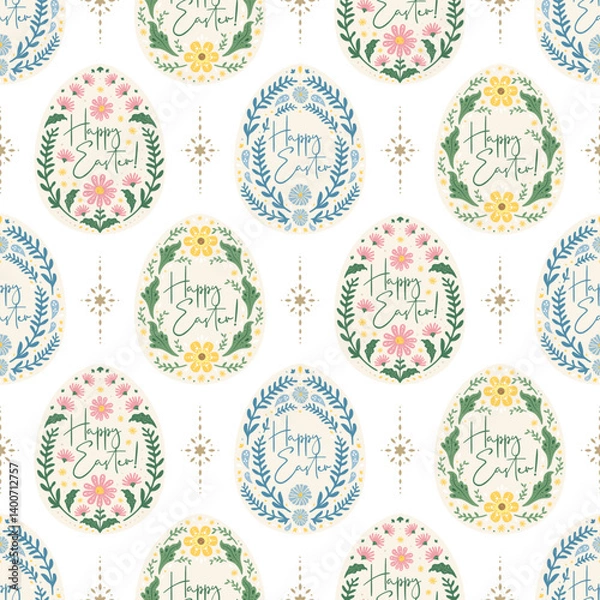 Obraz Beautiful vintage easter bunny eggs seamless pattern with floral flower spring garden meadow folk art drawing style for print textile fabric paper background wallpaper wrapping etc