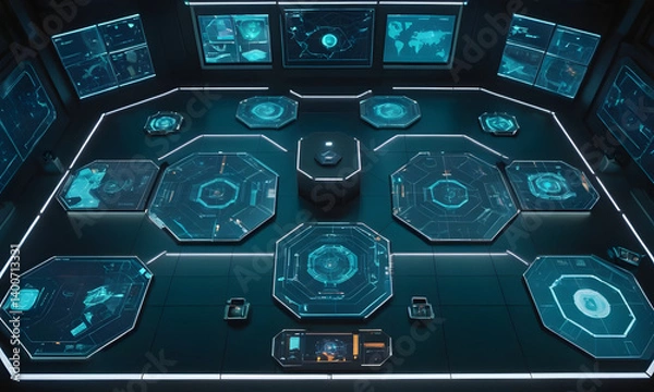 Fototapeta Top-down view of a cybernetic business strategy room with glowing interface tables, animated charts, tactical holographic maps, neon edge lighting and clean