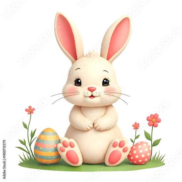 Fototapeta A cute cartoon Easter bunny with soft fur, big sparkling eyes, and a cheerful smile, sitting on grass surrounded by colorful decorated eggs. Transparent background. 