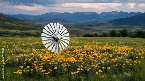 Obraz White Wind Turbine in a Field of Yellow Flowers Mountain Landscape