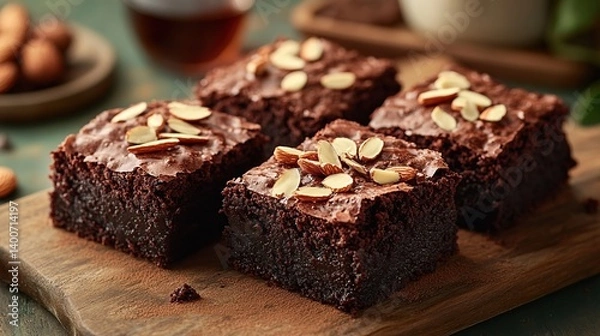 Obraz Homemade brownies with gooey fudge center, topped with crunchy almond flakes 