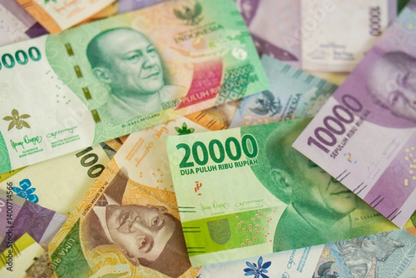 Fototapeta Various stacks of Indonesian banknotes, from one thousand rupiah to twenty thousand rupiah. Suitable for background, finance, banking, cash, savings.