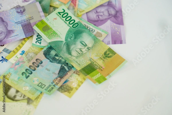 Fototapeta stack of various Indonesian banknotes with negative space, from one thousand rupiah to twenty thousand rupiah. Suitable for background, finance, banking, cash, savings.